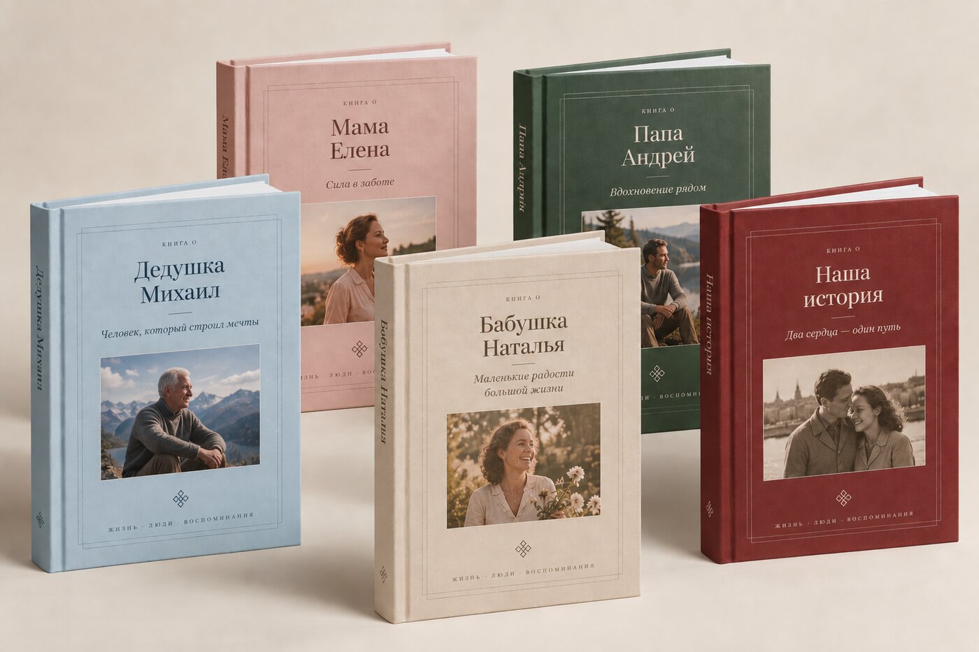 Несколько персональных книг разных членов семьи — бабушки, папы, мамы — рядом друг с другом