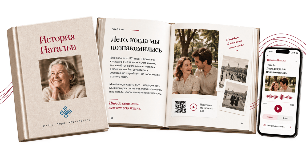 Персональная книга «История Натальи»: закрытая обложка, открытый разворот главы «Лето, когда мы познакомились» и телефон с оригинальной записью