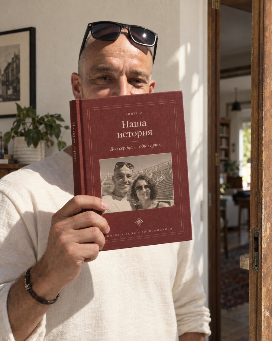Мужчина держит персональную книгу «Наша история» со своей фотографией на обложке