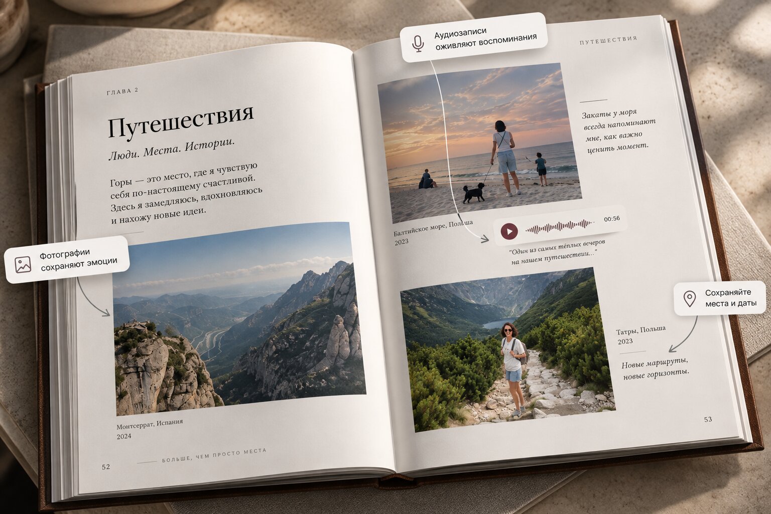 Разворот главы «Путешествия» с фотографиями поездок, подписями мест и дат и пометками об аудиозаписях